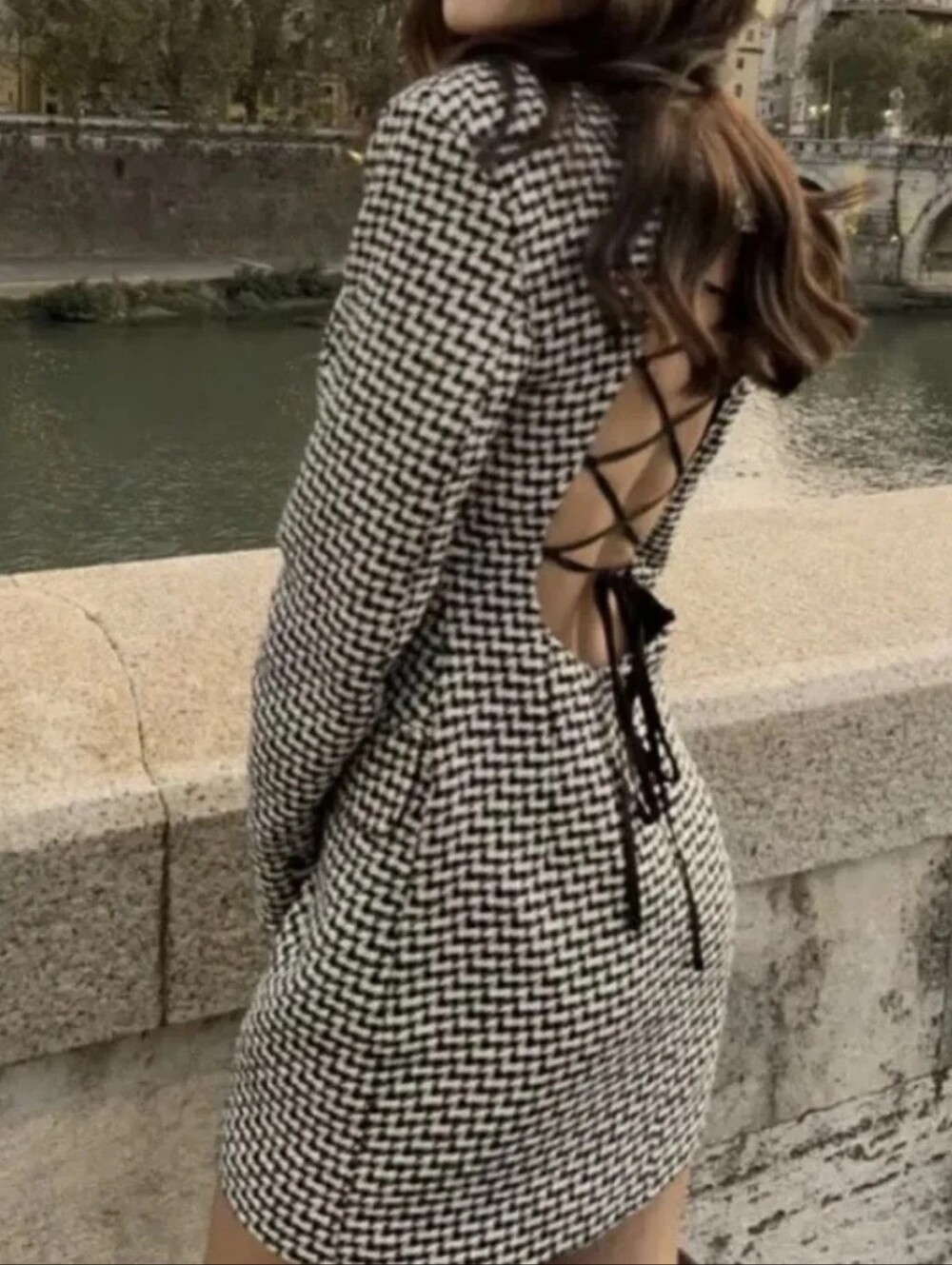 ZARA Open Back Blazer Dress Houndstooth Black White Lapel Collar Coat Jacket